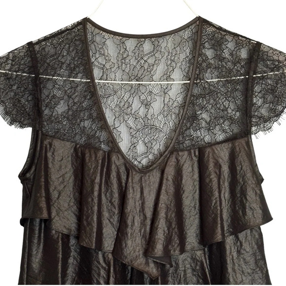 BCBGMAXAZRIA Black Ruffle Woven Tiered Lace Dress  Cap Sleeve V‎ Neck EUC Sz S - Picture 3 of 14